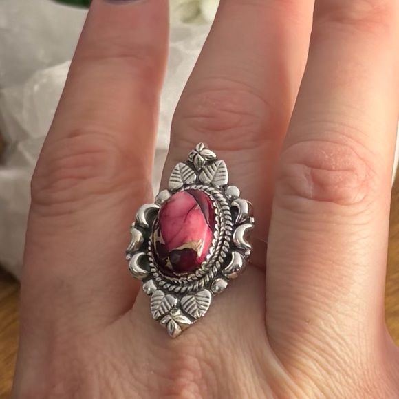 Rose Red Dahlia Turquoise Navajo Style Ring Size 9 Pure Sterling Silver 925 New - Picture 4 of 12